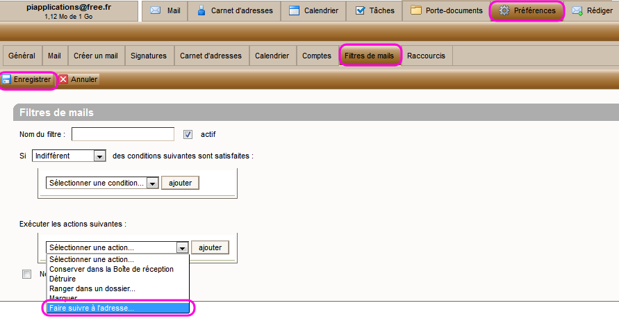 Actions possible d'un filtre.
