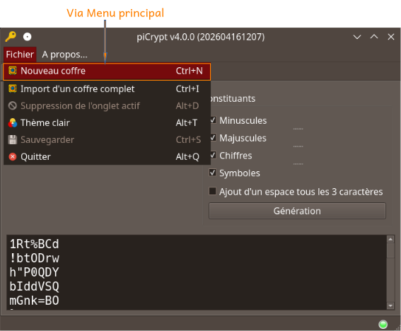 Menu pour créer un nouveau coffre.