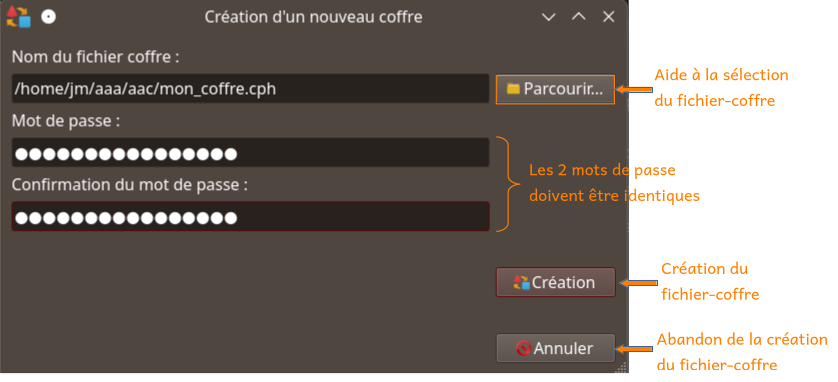 Saisie des informations pour la création du nouveau fichier-coffre.