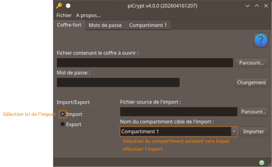 Coffre-fort ouvert : accès aux fonctions d'export/import.
